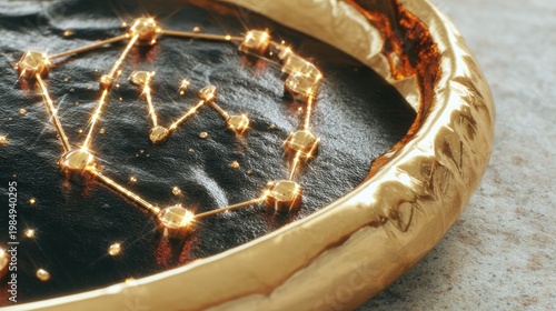 Golden astrological plate featuring intricate constellation design, shimmering stars on dark surface, embodying mysticism and metaphysical concepts for spiritual exploration and esoteric practices