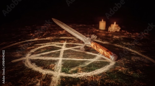 Silver dagger rests on a chalk-drawn pentagram, surrounded by flickering candles, evoking a sense of mysticism and magic in a dark, atmospheric setting
