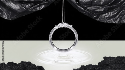 Ethereal crystal pendant suspended above reflective surface, surrounded by dark textured fabric, evoking themes of mysticism, metaphysics, and spiritual exploration in a captivating visual narrative