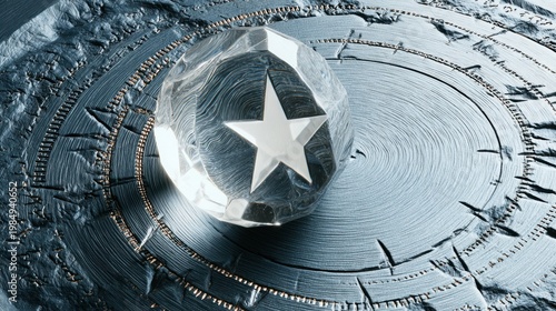 Crystal orb with star design resting on textured circular surface, symbolizing mysticism and metaphysical concepts, inviting exploration of spiritual realms and esoteric practices