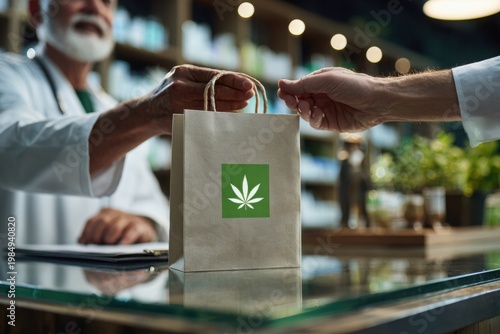 Patient's hand receiving a medical cannabis prescription bag from a healthcare professional in a pharmacy, showcasing the importance of medicinal marijuana for wellness