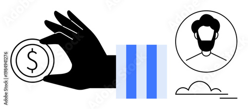 Finance, identity verification, user authentication, monetary transactions, business operations, digital economy. Hand holding a coin, profile icon abstract lines. Finance and identity verification