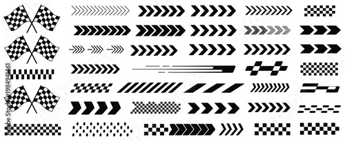 Racing Cars and Race Stripe Set, Checkered Flag and Finish Line Elements, Motorsport Labels, Dynamic Speed Lines, Automotive Competition Design, Vector Graphics for Racing Theme Projects