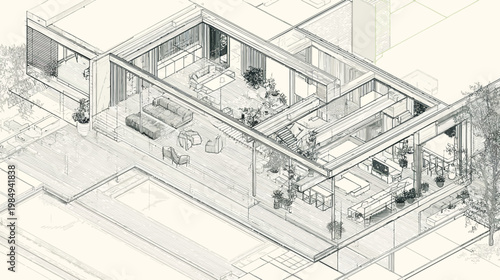 Detailed isometric architectural drawing of a contemporary modern luxury house interior layout and design plan sketch