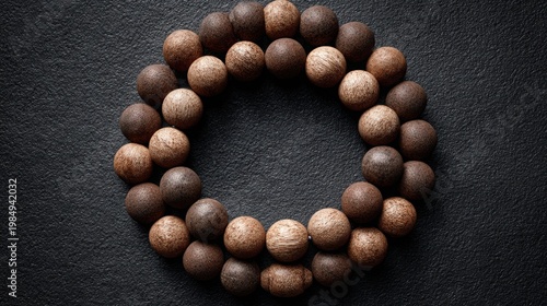 Wooden rosary beads arranged in a circular pattern on a matte black surface, softly illuminated by cool side light, creating a serene and contemplative atmosphere