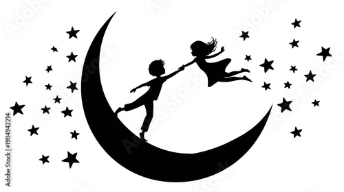 Dreamy silhouette illustration of children on a crescent moon reaching for each other amidst a starry night sky, symbolizing fantasy and wonder.