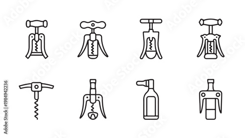 Collection of various corkscrew and bottle opener icons in a simple thin line style
