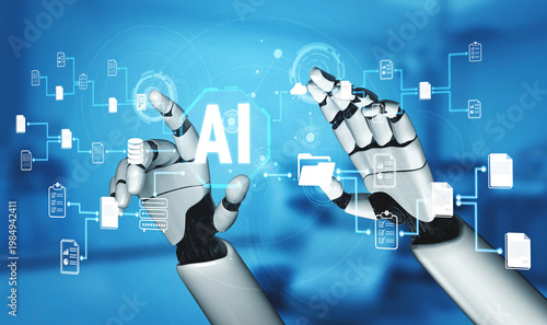 Foto Futuristic Robot Hands Interacting with Artificial Intelligence Data and Digital Connections in a Modern Technology Environment Quark
