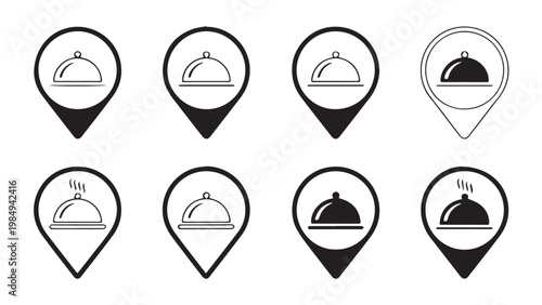 Set of restaurant location pin icons with food cloche symbol in various styles and weights