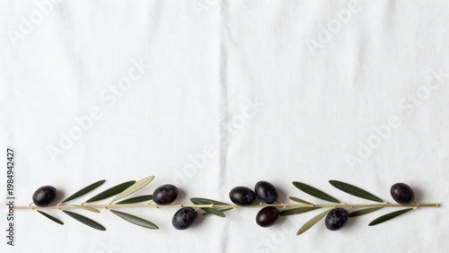 Minimalist Flat Lay of Olive Branch with Black Olives on White Linen Fabric Background with Copy Space