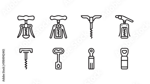Collection of various corkscrew and bottle opener icons in a simple thin line style