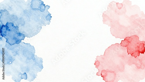Minimalist Patriotic Watercolor Background with Red and Blue Splashes and Central Copy Space for Banner