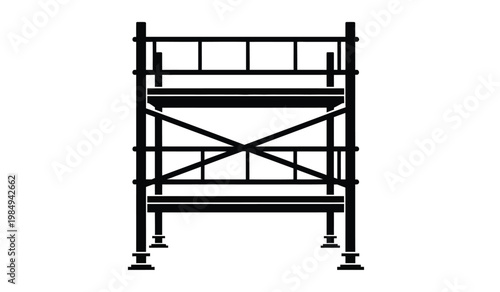 A stark black silhouette of a metal scaffolding structure is prominently displayed against a plain white background representing construction or industry silhouette high quality