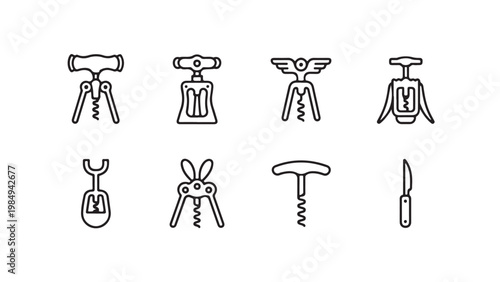 Collection of various corkscrew and bottle opener icons in a simple thin line style