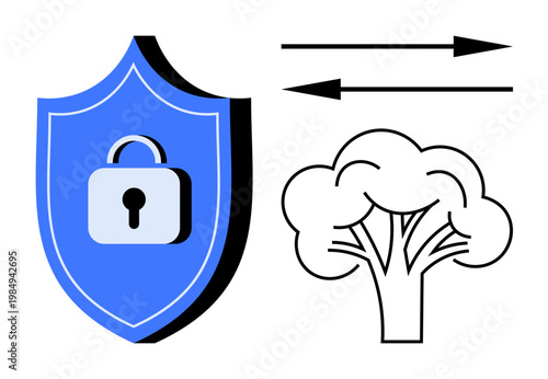 Network security, data protection, communication, information exchange, cybersecurity, digital safety. A blue shield with a lock beside arrows and a tree. Network security and data protection