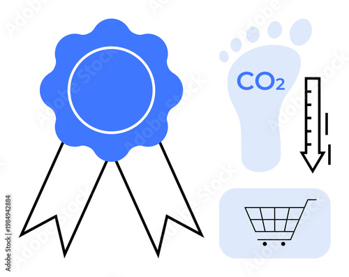 Sustainability, eco-friendly practices, carbon management, green shopping, environmental responsibility, certification. Blue eco badge, CO2 footprint down arrow shopping cart. Sustainability