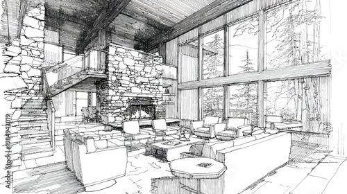 Architectural Sketch of a Luxurious Rustic Modern Living Room Interior with Stone Fireplace, High Ceilings, and Forest Views