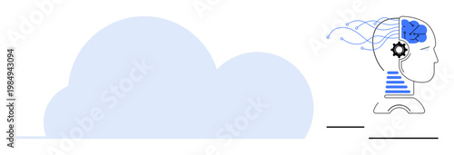 Cloud computing, artificial intelligence, data storage, neural technology, innovation, futuristic solutions. A cloud shape beside a human head design with gears and neural lines. Cloud computing