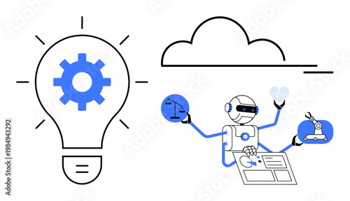 Technology innovation, AI development, automation, problem-solving, cloud technology, digital solutions. Robot interacting with tools and cloud. Technology innovation and AI development concept