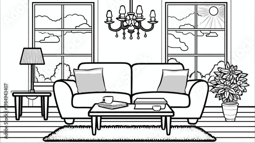 Comfortable living room interior in black and white line art with sofa, tables, lamp, windows, and plant.