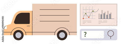 Logistics, shipment tracking, data analytics, business efficiency, supply chain management, e-commerce. Delivery truck next to graphs and search icon. Logistics, shipment tracking concept
