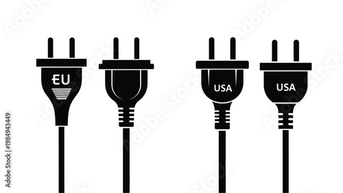 Various electrical plug types displayed in a stark black silhouette