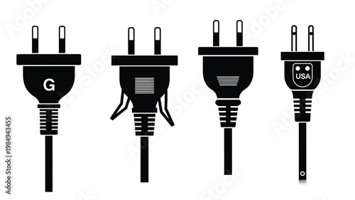 Various electrical plug types displayed in a striking black silhouette