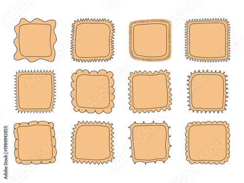 Set of hand drawn square frames with wavy scalloped spiky edges. Doodle minimal shapes. Black outline. Ideal for labels, note paper stickers, packaging, social media templates, collage, planner, 