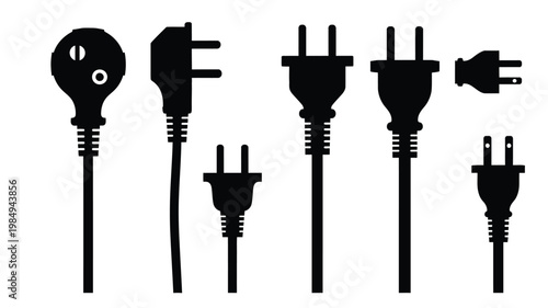 Collection of various electrical plugs and a bulb in black silhouette