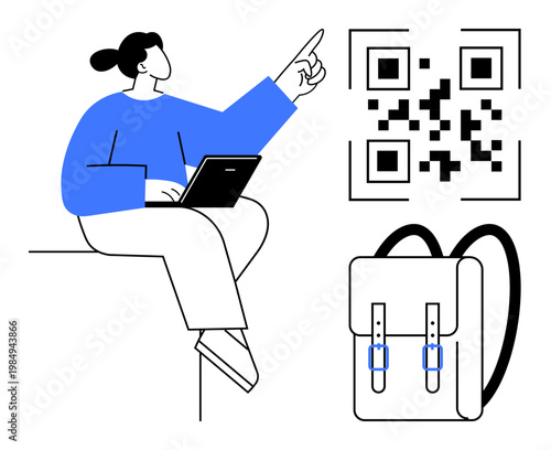 Digital learning, e-commerce, travel organization, education, scanning services, modern technology. A woman with a laptop points at a QR code beside a backpack. Digital learning and e-commerce