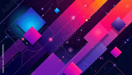 Vivid Geometric Abstraction with Neon Squares and Lines Against a Cosmic Night Background