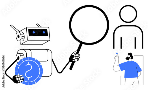 Technology, AI research, identity verification, financial analysis, digital detection, automation. Robot holding a magnifying glass and coin beside human figures. AI research and identity