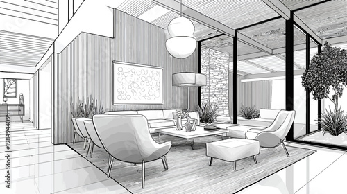 Black and white sketch of a modern minimalist living room interior with large windows and contemporary furniture.