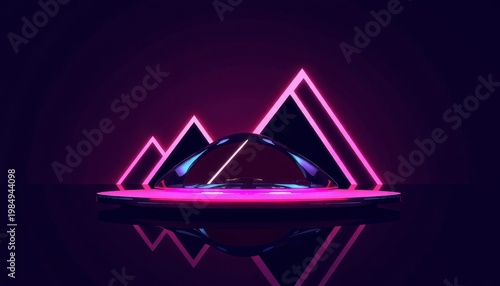 Futuristic Neon Geometric Display with Glowing Triangles and Reflective Dome in a Darkened Environment