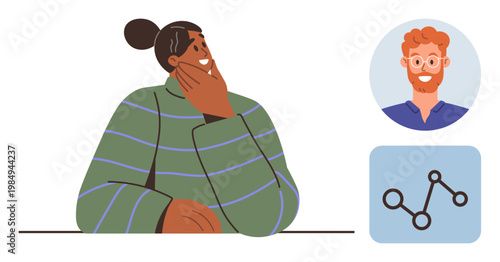 Business networking, communication, strategy, teamwork, online presence, data visualization. Woman thinking next to a profile avatar and a data chart. Communication and business networking concept