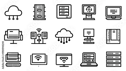 Technology and Computing Icons Set: Cloud Computing, Server Racks, Network, Data Centers, Laptops, Desktops, Wi-Fi Symbols