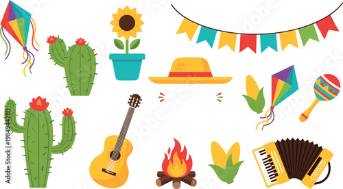 Tableau sur toile Festa Junina Brazilian Festival Icon Set with Cactus, Guitar, Accordion, Kite, S