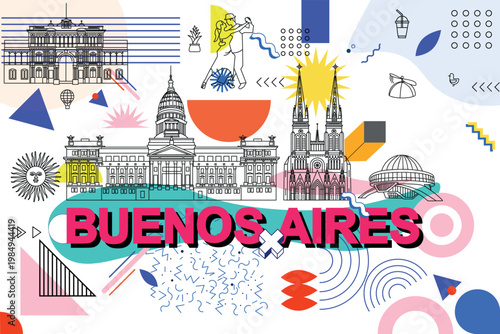 Buenos Aires culture travel night set, famous architectures specialties in flat design. Business Argentinian tourism concept clipart. Image presentation, banner, website, advert, flyer, roadmap, icon