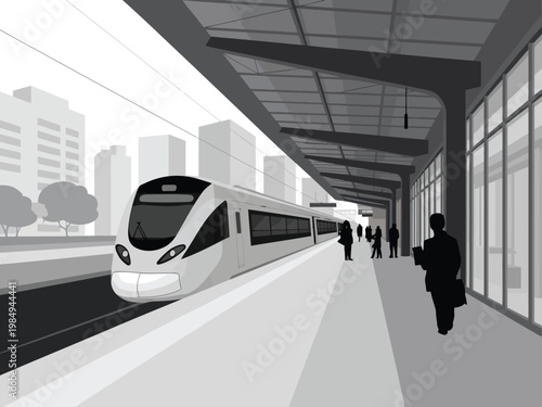 Railway station illustration, modern platform with passengers and arriving train for public transport, travel, and urban mobility design.
