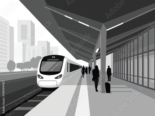 Train station illustration, modern platform with passengers waiting and arriving train for public transport, travel, and urban mobility design.
