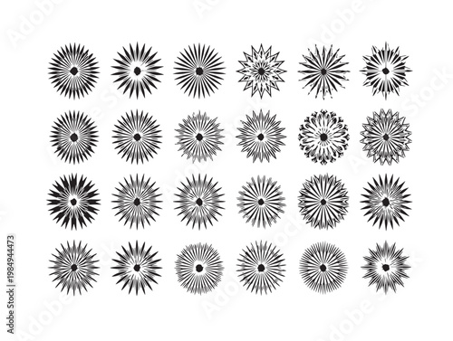 Intricate geometric patterns composed of interconnected circular and triangular shapes in black and white Vector