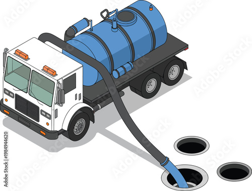 Vacuum truck sewer cleaning illustration, detailed isometric sanitation vehicle removing waste for urban infrastructure maintenance and environmental services design.