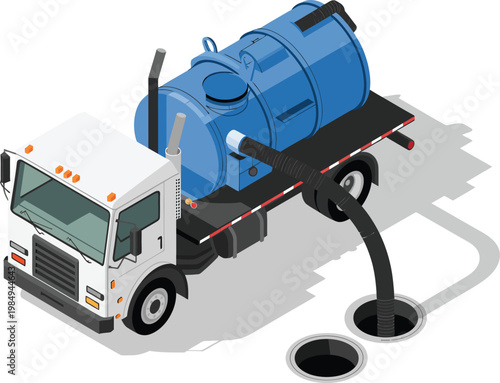 Sanitation vacuum truck illustration, detailed isometric sewer cleaning vehicle for waste removal, urban infrastructure maintenance, and environmental services.
