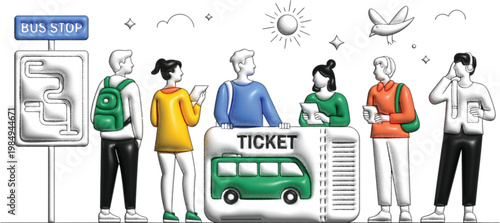 Bus stop passengers illustration, diverse group holding tickets and backpacks waiting for public transport and travel journey design.