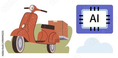 Digital logistics, smart delivery, innovation, AI technology, automation, transportation concepts. A retro scooter and an AI chip side by side. Digital logistics and innovation