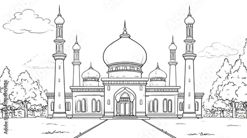 Detailed Line Art Mosque Drawing. Intricate Islamic Architecture Sketch with Domes & Minarets. Black & White Outline Illustration.