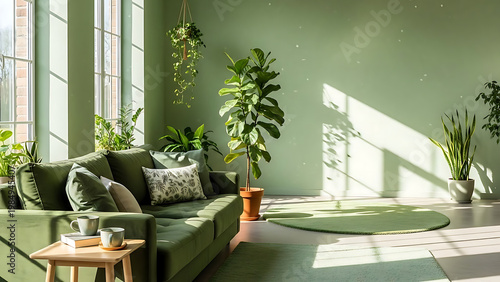 Minimalist green interior with modern sofa and abundant potted houseplants i n soft daylight. 