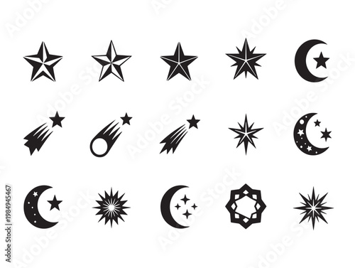 Collection of celestial icons featuring stars, moons, and cosmic elements in black and white Vector