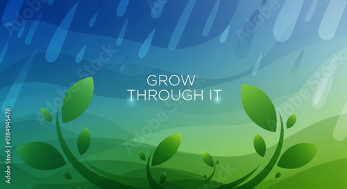 Vibrant abstract illustration featuring stylized green plant shoots growing upwards through gentle raindrops, symbolizing resilience, growth, and hope amidst challenges.