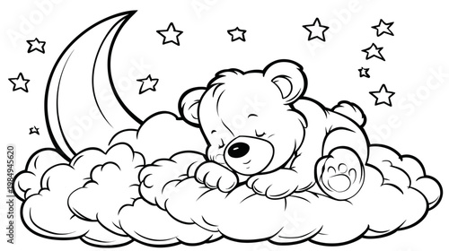 Cute cartoon teddy bear sleeping peacefully on a fluffy cloud with crescent moon and stars, black and white line art illustration.